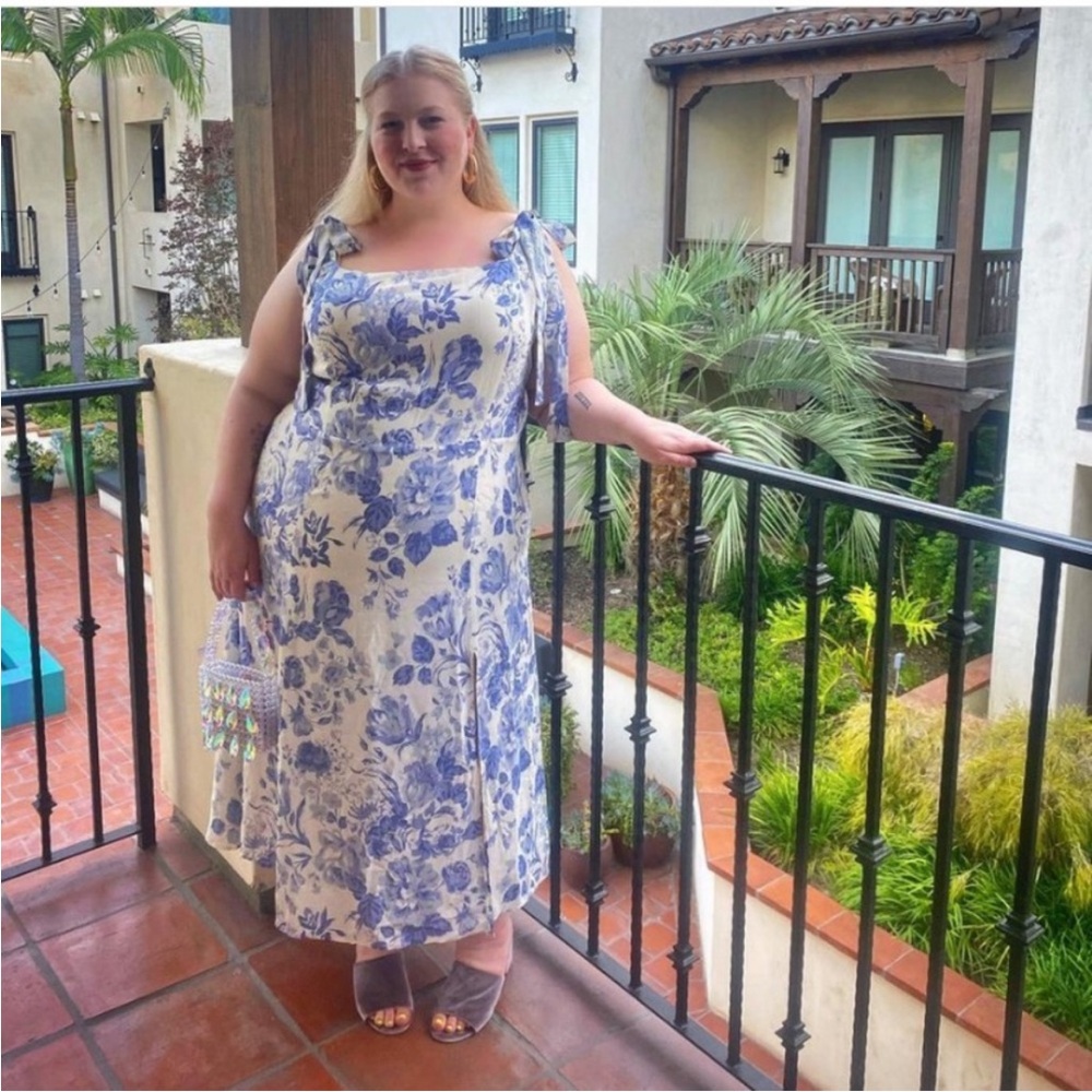 Reformation Twilight Floral Tie Strap Midi Dress Lucerne Blue White Plus Size 22